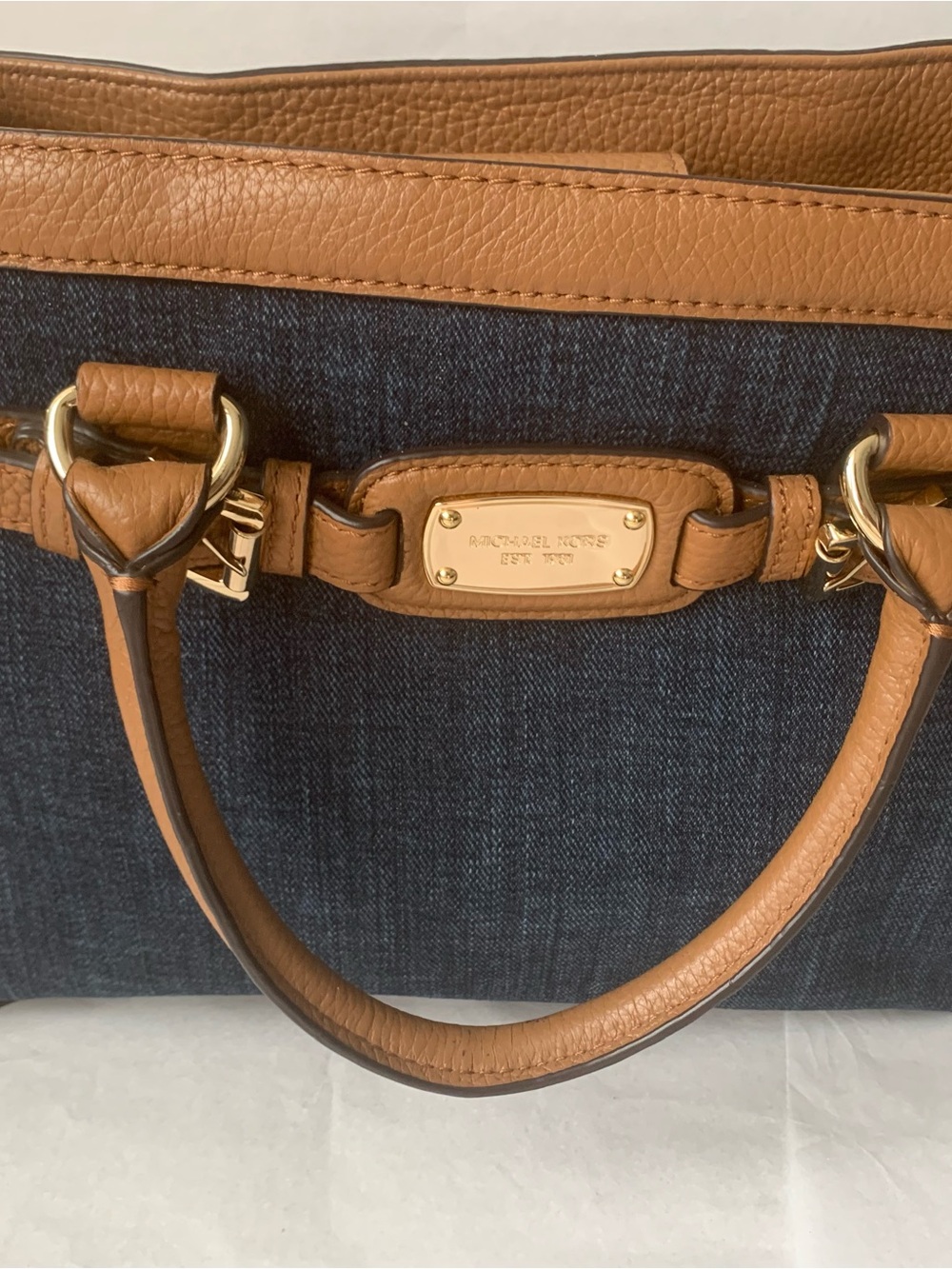 Michael Kors Blue Denim Satchel with Tan Leather Trim